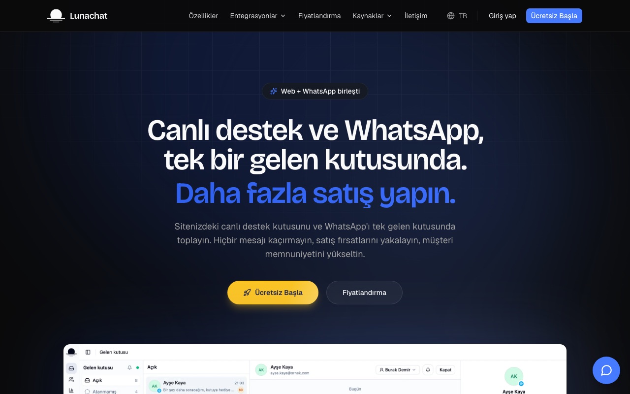 Lunachat ana sayfası, web sohbeti ve WhatsApp'ı tek gelen kutusunda birleştiren ürün ekran görüntüsü